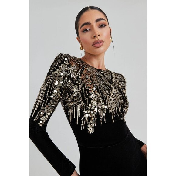 Nadine Merabi Katarina Black Gold Sequin Jumpsuit S/M NWT $545 - Picture 2 of 13